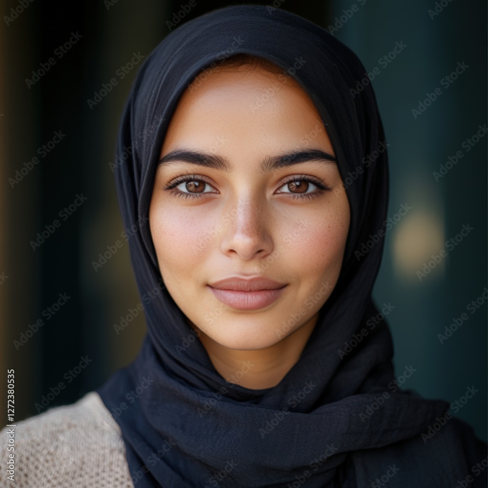 Portrait of a Young South Asian Woman Wearing a Black Hijab in Natural Light, Expressing Confidence and Serenity with a Soft Smile Portrait of a Young South Asian Woman Wearing a Black Hijab in Natural Light, Expressing Confidence and Serenity with a Soft Smile