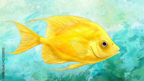 A yellow tang fish detailed in a watercolor technique, its vibrant yellow contrasting a cool turquoise sea, gentle waves creating a dreamy, fluid background, artistic illustration