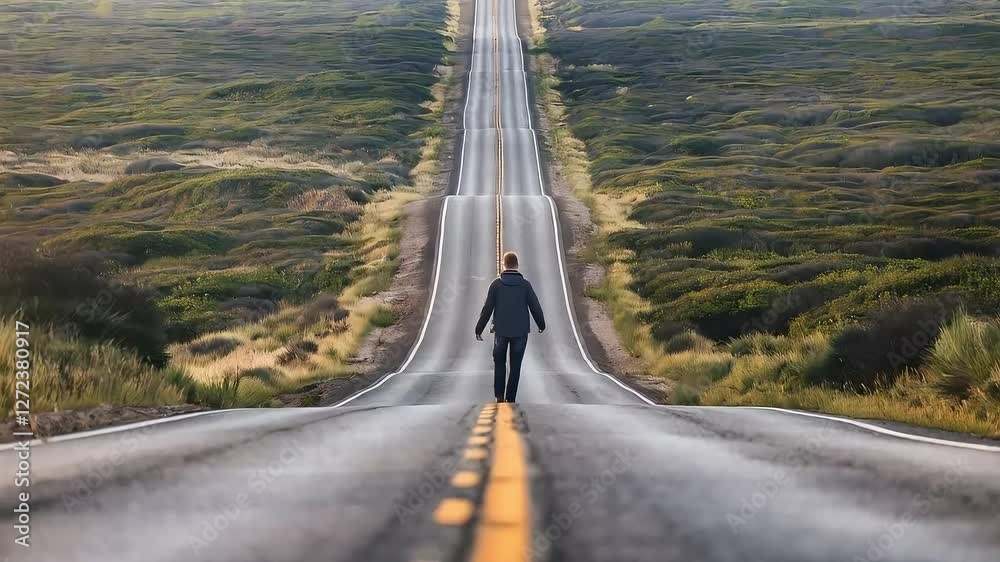 Man walks alone on a very long, straight road stretching to the horizon, surrounded by greenery