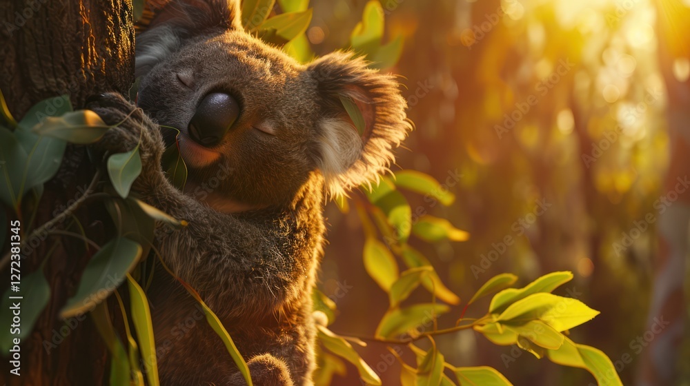 Obraz premium Cute koala bear sleeping in a eucalyptus tree peacefully