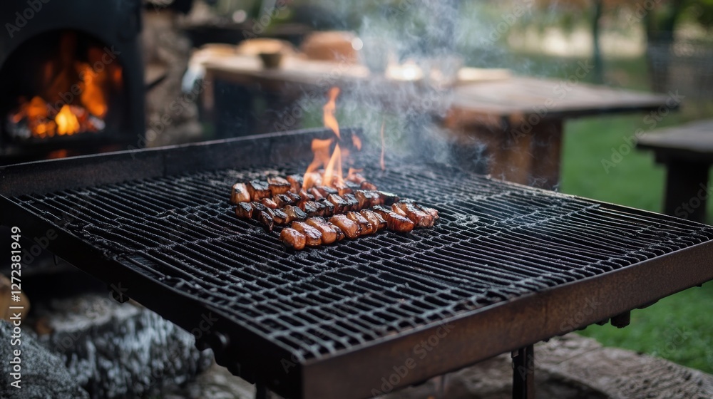 Grilled sausages cooking on a barbecue grill outdoors. Grilled sausages cooking on a barbecue grill outdoors.