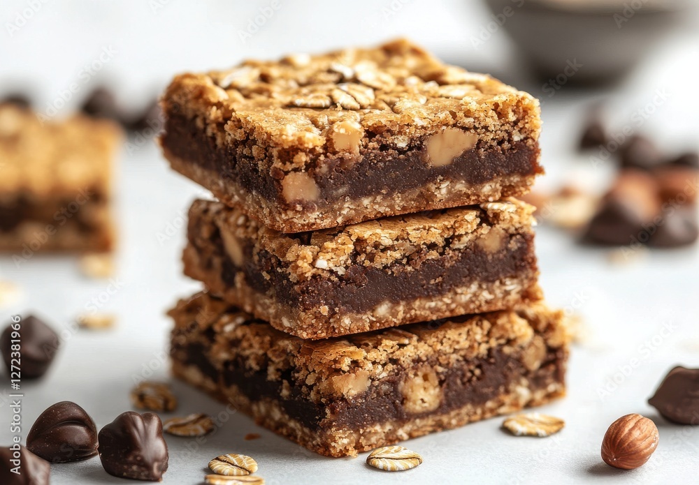 Deliciously Layered Chocolate Oat Bars with Nuts and Chocolate Chips Surrounded by Oats and Hazelnuts in an Inviting Setting Deliciously Layered Chocolate Oat Bars with Nuts and Chocolate Chips Surrounded by Oats and Hazelnuts in an Inviting Setting