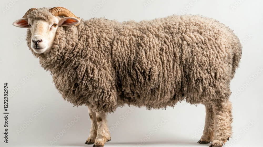 Fototapeta premium Fluffy Sheep Standing on Gray Background with Soft Wool Texture