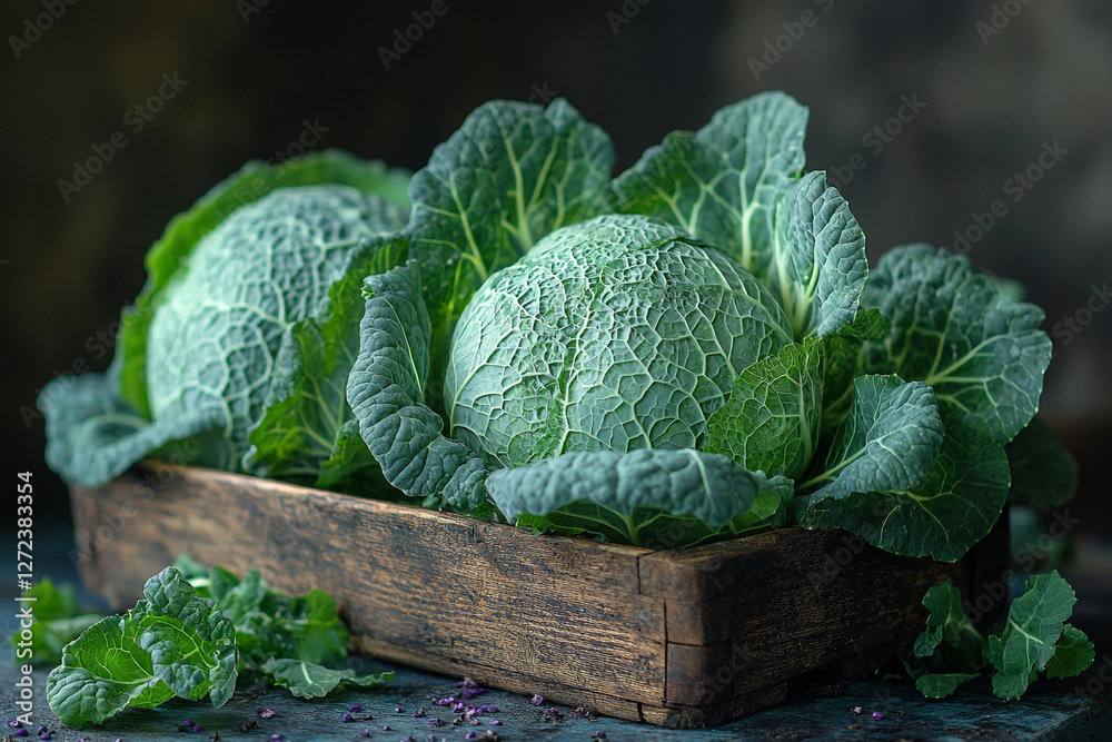 Fototapeta premium Rustic harvest of savoy cabbage in wooden crate with textural depth
