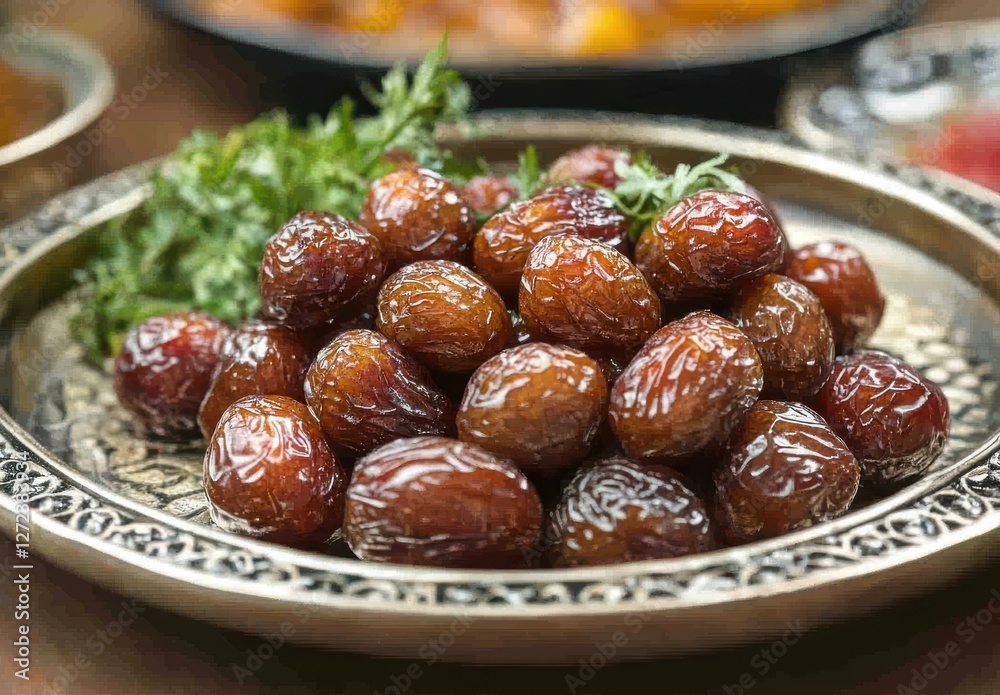 Fresh and Delicious Dates on a Decorative Plate Surrounded by Fresh Green Herbs for Culinary and Healthy Eating Themes Fresh and Delicious Dates on a Decorative Plate Surrounded by Fresh Green Herbs for Culinary and Healthy Eating Themes