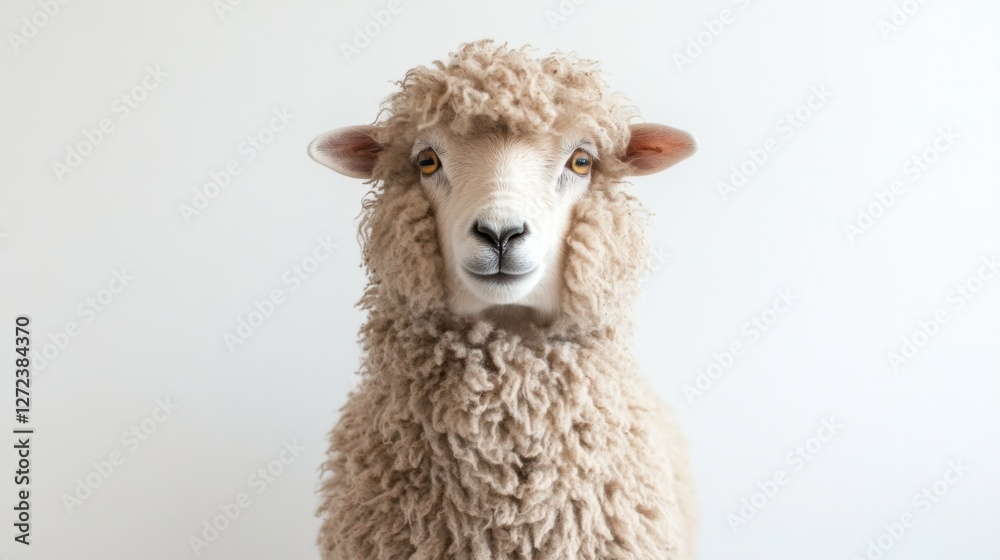 Fluffy Sheep With Thick Wooly Coat Posing Against White Background Fluffy Sheep With Thick Wooly Coat Posing Against White Background