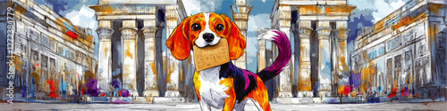 Vibrant Vector Art of Beagle Dog Holding Egyptian Tablet in Ancient Temple Setting | Colorful Architectural Background | Artistic Pet Illustration