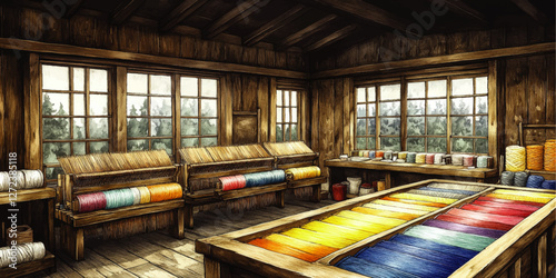 Traditional Weaving Studio with Colorful Threads and Yarn for Textile Creation in Rustic Wooden Interior Overlooking Forest Scenery Through Large Windows