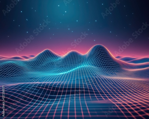 Cyber landscape with a starry night background and digital mesh hills, for tech website