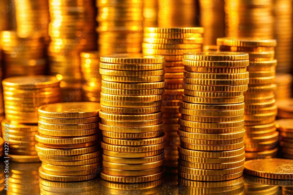 Macro Shot: Golden Coin Stacks, Rising & Falling Economy, Financial Growth & Recession Concept Macro Shot: Golden Coin Stacks, Rising & Falling Economy, Financial Growth & Recession Concept