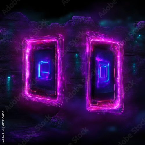 Double glowing portal in rocky landscape, fantasy theme, travel or escape concept, mystery in background