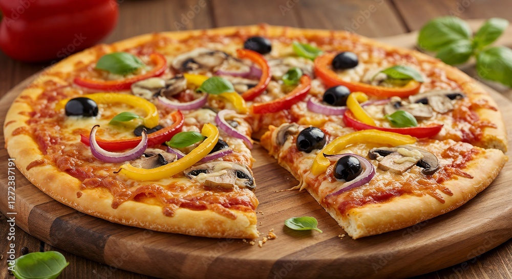 Vegetarian Pizza topped with bell peppers, olives, mushrooms, and onions. Vegetarian Pizza topped with bell peppers, olives, mushrooms, and onions.