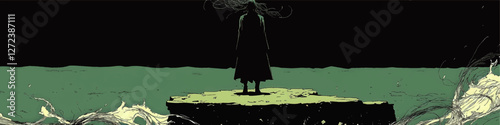 Mysterious Silhouette on Rocky Outcrop: Dramatic Night Sea Vector Art with Ocean Waves, Dark Sky, and Enigmatic Figure for Surreal Digital Artwork Inspiration