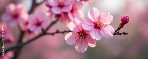 Soft pink petals unfurl on a sakura tree's branch, blossoms, foliage