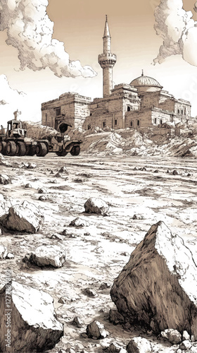 Intricate Vector Illustration of Historical Mosque Minaret Amidst Rugged Desert Landscape with Construction Equipment and Dramatic Cloudy Sky