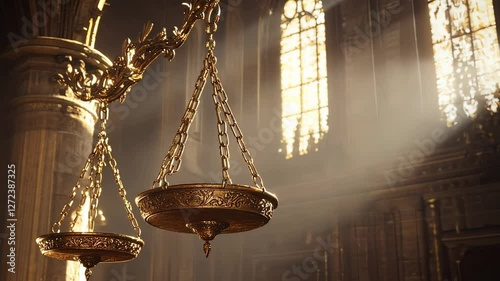 Golden scales hanging in sunlit cathedral interior