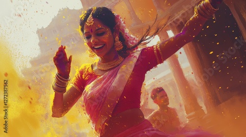 A woman in a red sari is dancing in the air