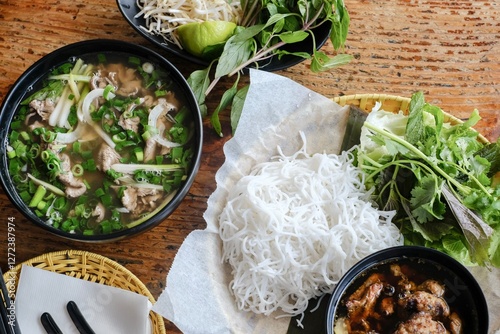 Bun cha Hanoi with grilled pork meatballs and northern-style pho tai lan at VN Street Foods, a North Vietnamese street food restaurant in Sydney’s inner west - Marrickville, NSW 