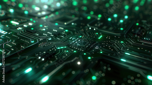 Exploring intricate details of a green printed circuit board with illuminated components and connections in a close-up view.