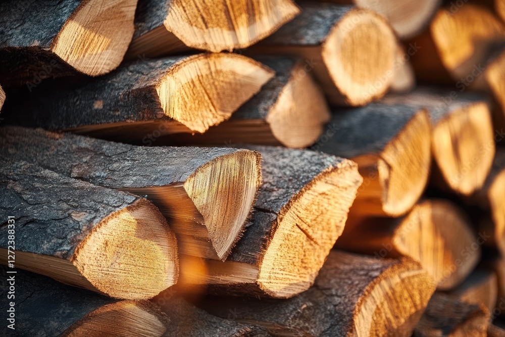 Fototapeta premium Closeup of Stacked Firewood Natural Wood Pile Textures Rustic Fuel Logs Timber Background