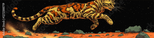 Vibrant Tiger-Striped Cat Leaping Across Alien Landscape in Space-Themed Vector Art Illustration with Starry Sky and Unique Terrain Elements for Creative Projects