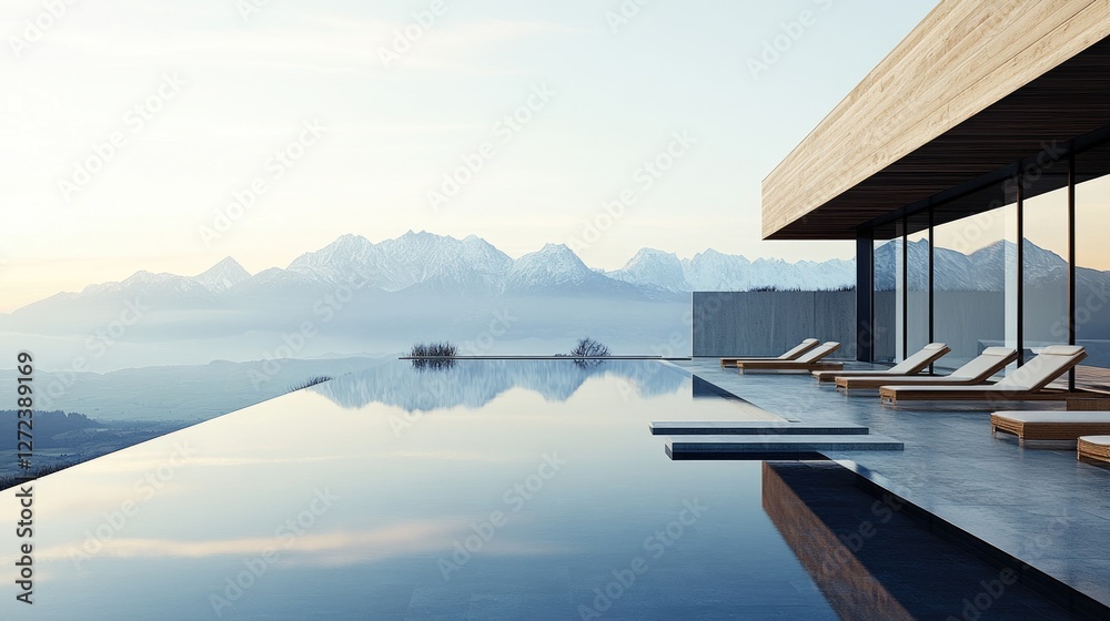 Fototapeta premium Beautiful spa retreat with infinity pool, wooden sun loungers, minimalist design, mountain backdrop, peaceful luxury ambiance. No people no text