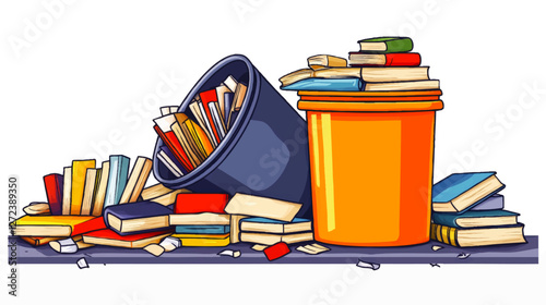 Vector Illustration of Overturned Trash Bin Filled with Books on Floor Highlighting Reading, Education, and Knowledge with Emphasis on Waste and Disorder Concept