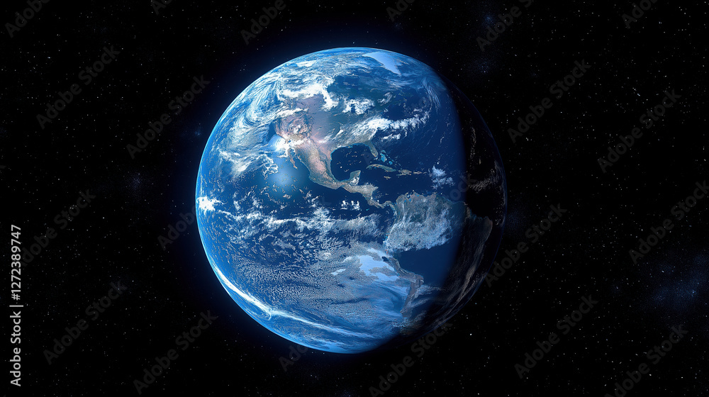 Obraz premium Earth illuminated by sunlight, with distinct landmasses and oceans visible against the dark backdrop of space, creating a breathtaking view of our planet.