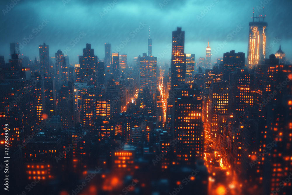 Obraz premium Urban Luminescence, A Cityscape Bathed in the Warmth of a Rainy Evening
