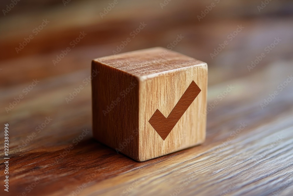 Wooden cube with checkmark symbol. Illustrates completion, success, or agreement. Wooden cube with checkmark symbol. Illustrates completion, success, or agreement.