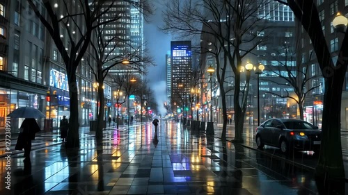 Rainy night city street with reflections, pedestrians, and illuminated buildings