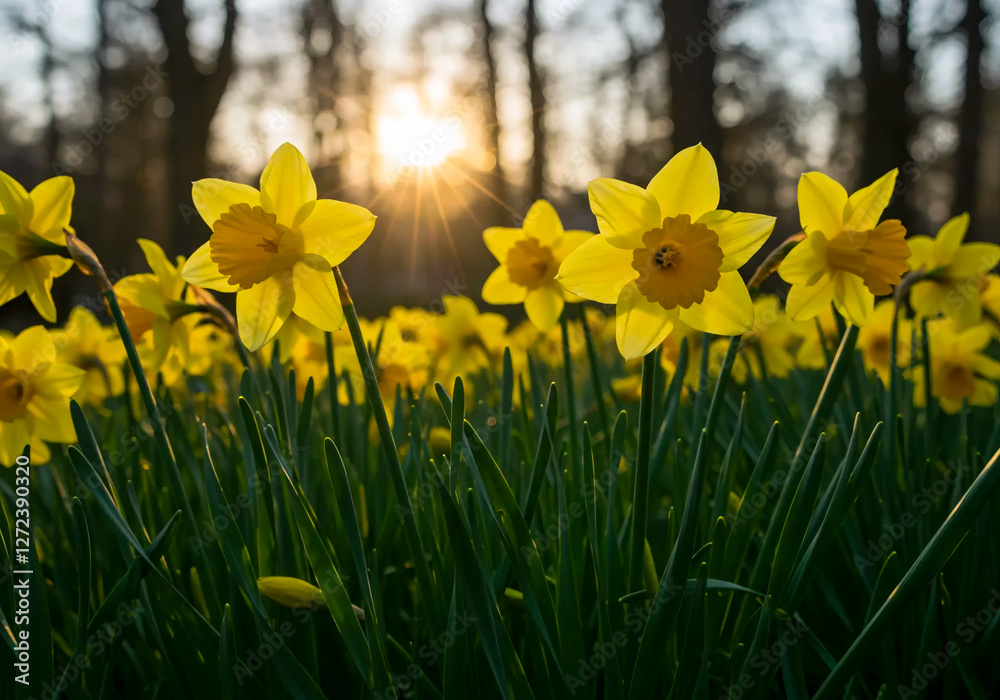 Fototapeta premium Close-Up of Daffodils with Sunlight Filtering Through