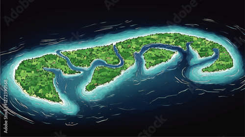Vibrant Vector Image of Tropical Island with Lush Green Landscape, Flowing Rivers, and Surrounding Ocean - Ideal for Adventure, Nature, and Vacation Concepts