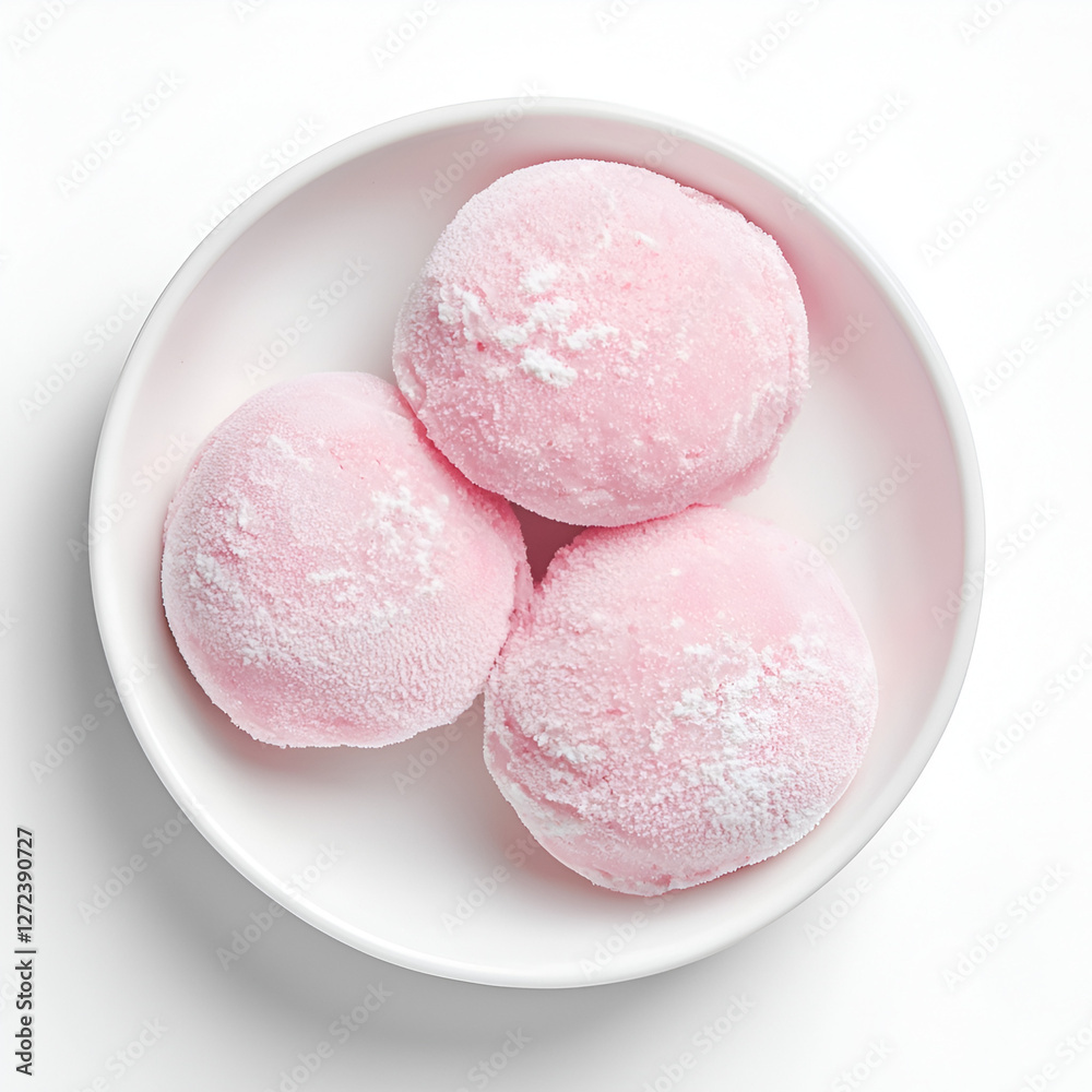 Three scoops of pink frozen dessert in a white bowl, suggesting a sweet and refreshing treat. Three scoops of pink frozen dessert in a white bowl, suggesting a sweet and refreshing treat.