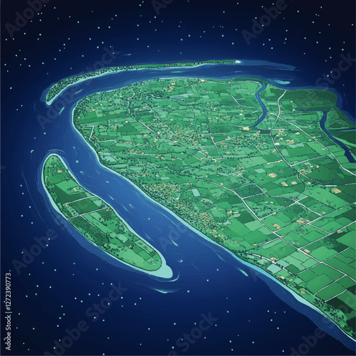 Aerial Vector Art of Coastal Landscape with Farm Fields, Rivers, and Islands Under Starry Night Sky - Intricate Map Design Illustrating Natural Beauty and Detail photo