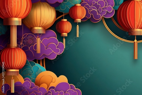 Festive chinese lanterns and purple cloud decorations on a green background for holiday greeting
