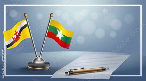 Brunei and Myanmar National flags on small table with bokeh background, cooperative relationship. Template vector Illustration