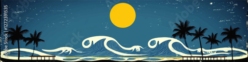 Scenic Coastal Vector Illustration: Vibrant Summer Beach with Rolling Waves, Palm Trees, and Bright Sun on Grunge Style Blue Sky Background for Tropical Designs