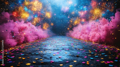 Festive pathway with confetti and fireworks. Celebration background, great for event announcements