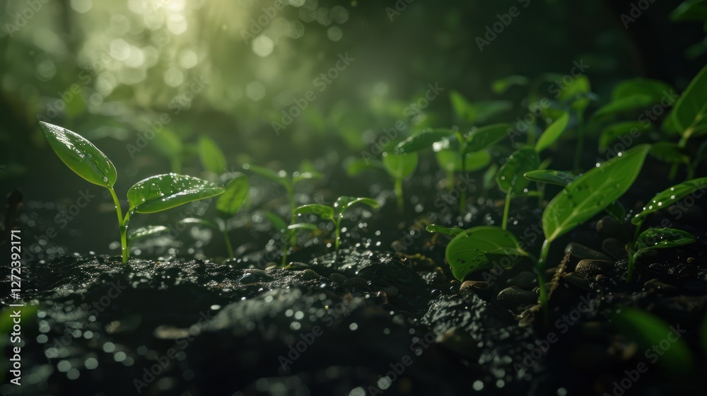 Fresh green seedlings sprouting from dark fertile soil Fresh green seedlings sprouting from dark fertile soil