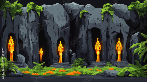 Ancient Egyptian Pharaoh Statues Illuminated in Vibrant Cave Landscape with Lush Greenery and Rock Formations - Stunning Vector Art for Historical Themes