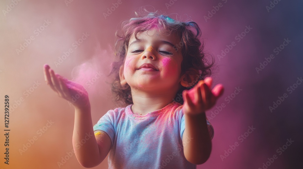 A young child is holding a handful of colorful powder A young child is holding a handful of colorful powder