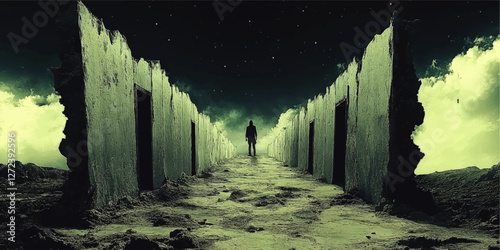 Surreal Landscape Vector Art with Mysterious Silhouette in Dark Corridor Under Starry Sky - Atmospheric Night Scene with Green Clouds and Dilapidated Walls