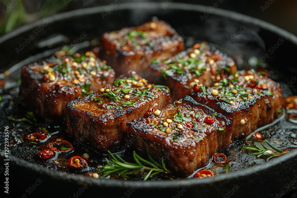 Sizzling Beef Medallions with Rosemary and Chili on a Cast Iron Skillet Sizzling Beef Medallions with Rosemary and Chili on a Cast Iron Skillet