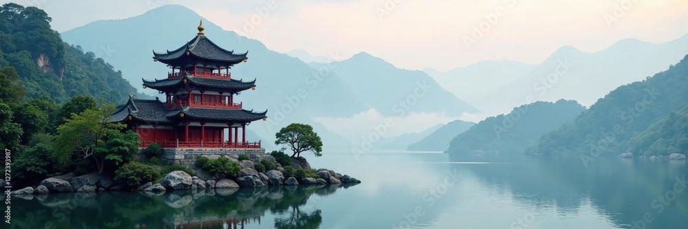 Traditional Chinese pagoda in serene landscape with misty mountains and serene lake, ancient, nature, tranquility Traditional Chinese pagoda in serene landscape with misty mountains and serene lake, ancient, nature, tranquility
