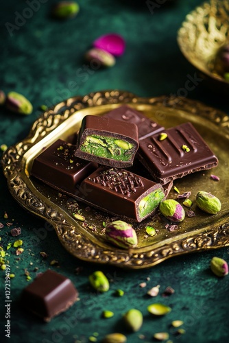 Dubai chocolate with pistachios on gold plate