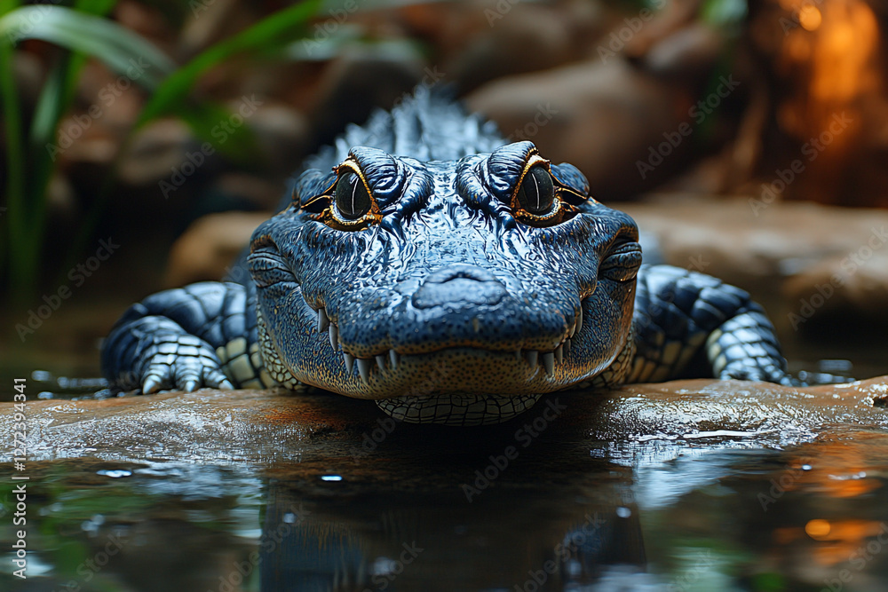 Fototapeta premium Intense Gaze, Close-Up of a Juvenile Alligator in Wetland Habitat