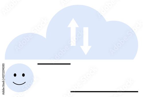 Cloud background with arrows symbolizing data exchange, smiling face user Ideal for tech, data flow, communication, user interaction, online services, cloud storage, abstract line flat metaphor