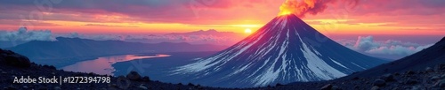 Volcanic ash and snow swirl around a dormant volcano at sunset, ash, scenery