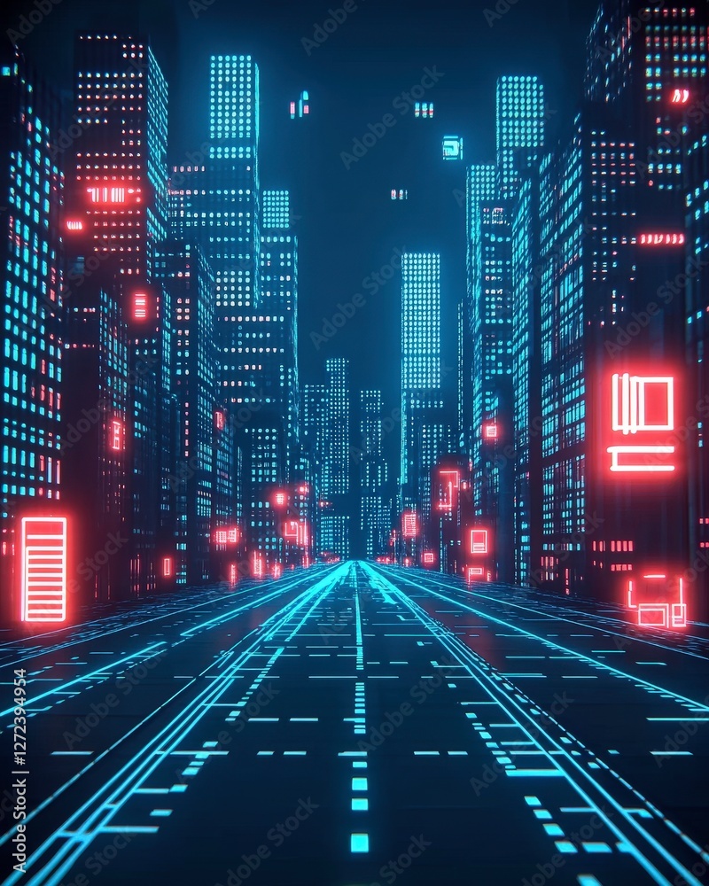 Futuristic city at night with glowing lights and digital paths, tech urban skyline